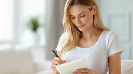 Fototapeta premium A woman with long hair is writing notes on a notepad in a bright, modern living space.
