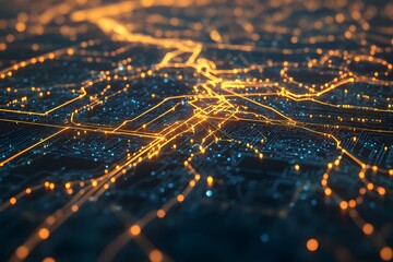 A digital representation of a city grid illuminated by network connections.
