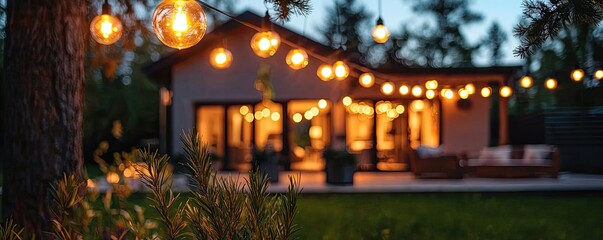 Cozy outdoor evening with string lights illuminating a modern house.