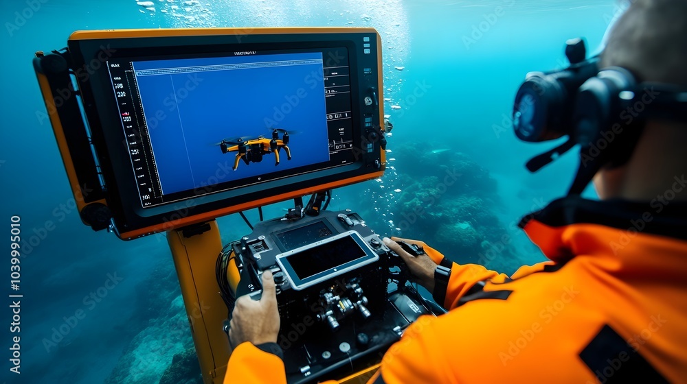 Poster professional operator guiding underwater drone with large monitor displaying ocean depth data