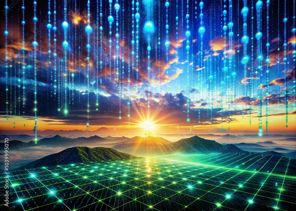 Poster futuristic silhouette of binary code flowing through network in abstract cyberspace