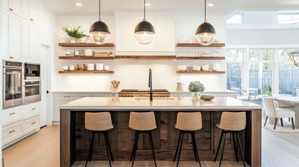 A kitchen with a large island and four wooden chairs