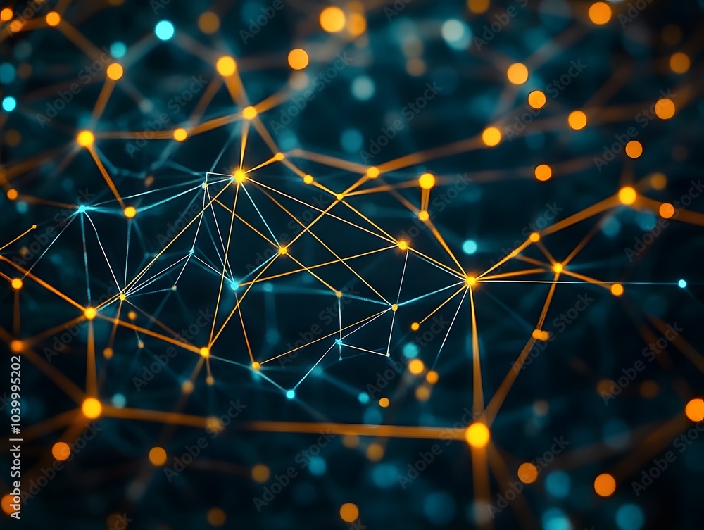 Poster a digital network visualization with interconnected nodes in blue and orange hues.