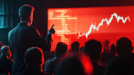 A speaker addresses an audience, highlighting a rising graph on a red screen, suggesting a discussion on financial markets or trends.