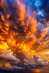 Dramatic sunset sky with vibrant orange, blue, and golden clouds
