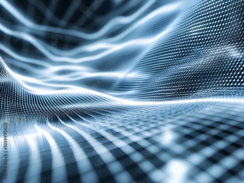 Poster a digital abstract representation of flowing waves and grids in a futuristic style.