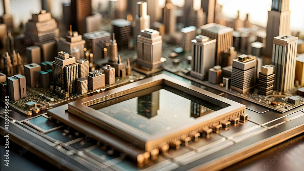 Poster macro microchip cityscape reflection ai urban business impact close up image ample copy space photo 