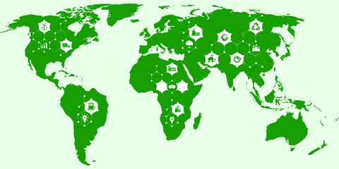 Net Zero and Carbon Neutral Greenhouse Gas Emissions Concept. Net Zero Greenhouse Gas Emissions Target with White Health Center Icon on World Map. Vector Illustration. © Wachirapong