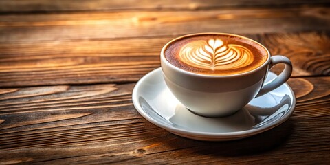 Obraz premium Coffee cup with latte art on wooden table background II Medium Shot