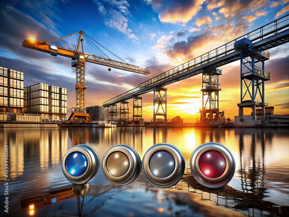 Poster gantry crane icon on glossy button - four variants for industrial design and engineering projects