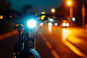 A bicycle illuminated at night, showcasing its front light against a blurred street background filled with warm streetlights.