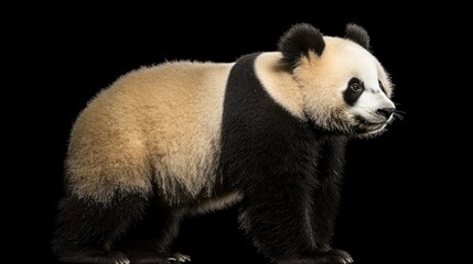 Obraz premium A young panda bear standing on a black background, looking to the right.
