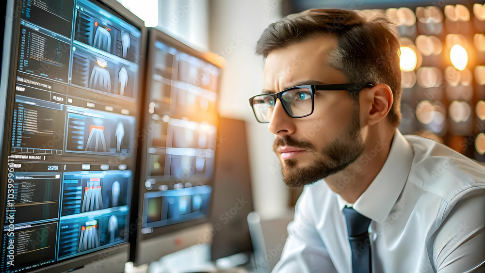 Poster it specialist monitoring ai systems in server room - candid image of it expert analyzing multiple sc