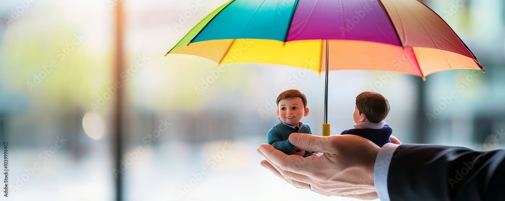 Wall mural a businessman holds a colorful umbrella over two small figures, symbolizing protection and care in a