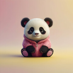 A charming kawaii-style artwork of a baby panda with large, expressive eyes, a small mouth, and a fluffy body. The panda is dressed in a pink sweater and is seated on a yellow ball, with a clear white