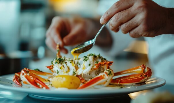 Five star chef dressing an elegant crab dish at Michelin star restaurant, シェフ