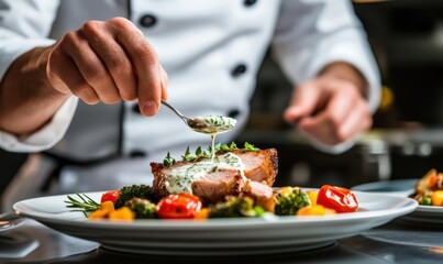 Five star chef dressing an elegant dish at Michelin star restaurant, シェフ