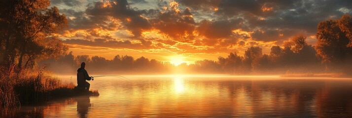 Fisherman at Sunset, tranquil river scene, golden hues reflecting on water, serenity of nature, the art of fishing in harmony with dusk