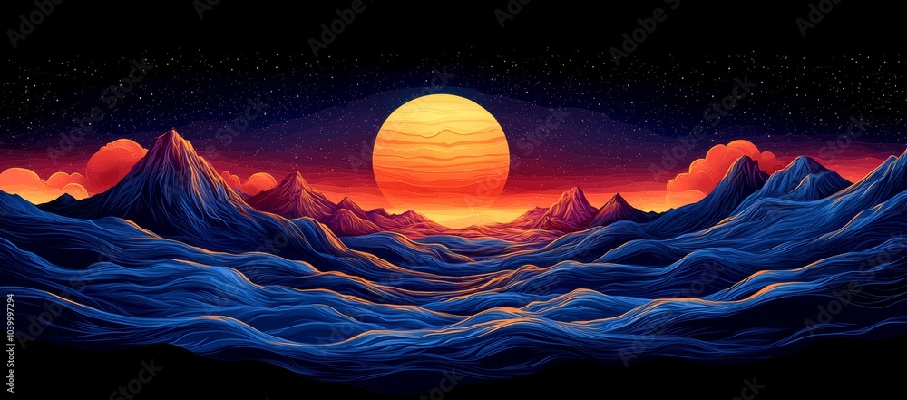 Wall mural the background is blue with stars and nebula, neon glowing planets with orbits and falling asteroids