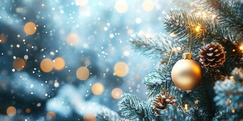 A beautifully decorated Christmas tree stands adorned with a golden ornament and pinecones, shimmering under gentle snowfall. Soft bokeh lights enhance the festive atmosphere, creating a warm and invi