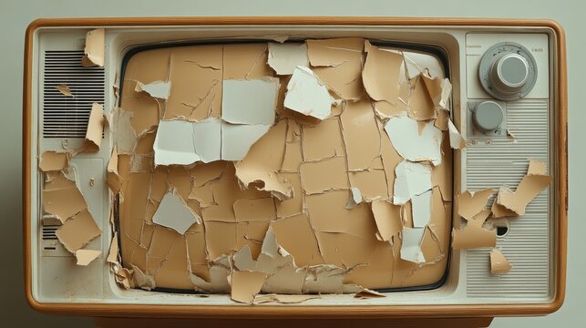 Detailed shot of the old plastic casing of a TV, cracked and slightly yellowed from age, very realistic