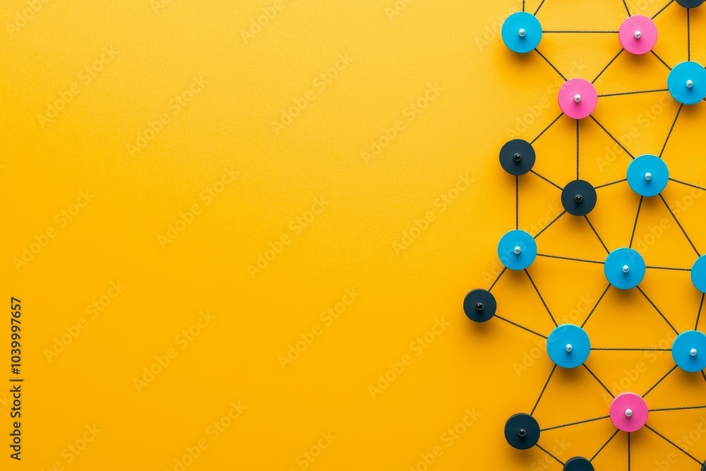 Poster a colorful network of buttons and lines on a bright yellow background, illustrating a playful and cr