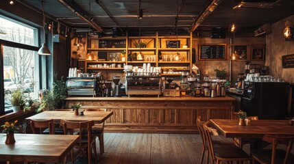 Rustic coffee shop with warm tones, wooden furniture, and cozy lighting, creating an inviting atmosphere, isolated on white