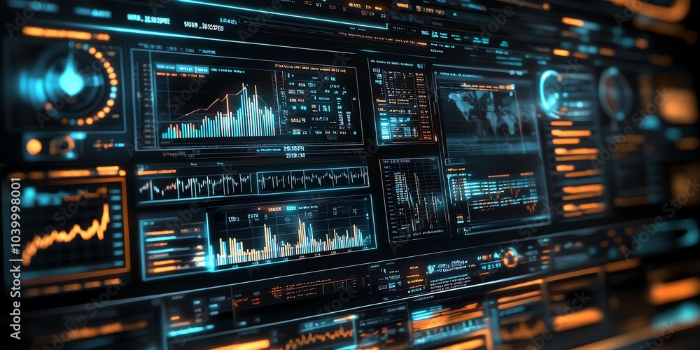 Poster futuristic digital interface with graphs, charts, and data visualizations.