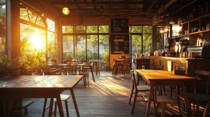 Fototapeta premium Rustic coffee shop with wooden tables and earthy decor, illuminated by warm, cozy lighting, isolated on a white background