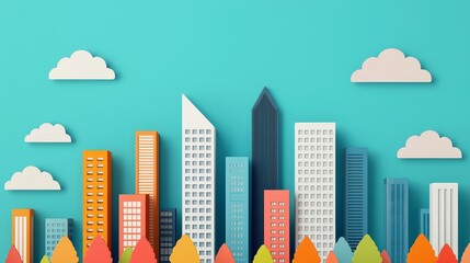 Fototapeta premium A colorful, stylized city skyline features various building shapes against a vibrant turquoise backdrop, complemented by clouds and autumn trees below.