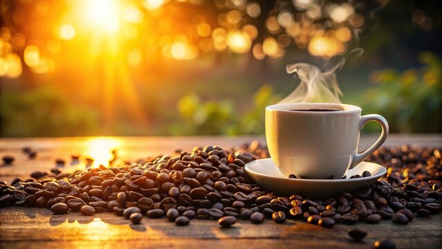 Coffee mug with scattered beans on table during golden hour in cafe