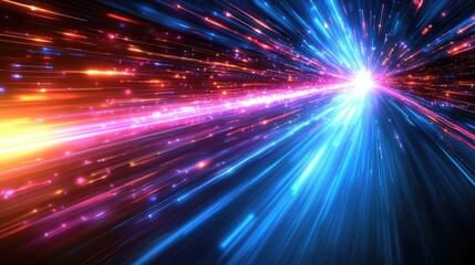 Obraz premium Abstract background of blue and orange light streaks radiating from a central white point, creating a sense of speed, energy, and movement.