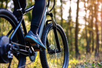 Fototapeta premium A cyclist rides through a sunlit forest path, showcasing the bike's details and the natural surroundings.