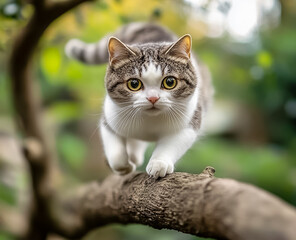 A tabby white british shorthair cat balancing on a branch of tree.