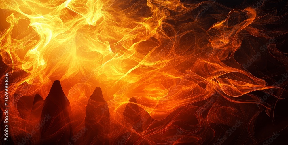 Poster a fiery abstraction with swirling orange and yellow flames, creating a dynamic and intense visual at