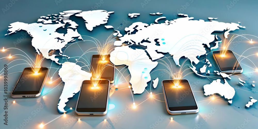 Poster smartphones connected glowing lines world map mobile connectivity global data network soft abstract 