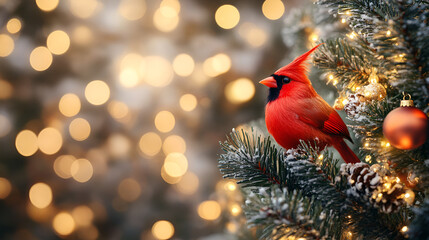 Vibrant red bird on pine branch