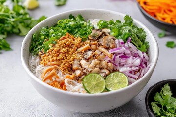 Bowl of rice noodles topped with mushrooms, onions, cilantro, and lime wedges.