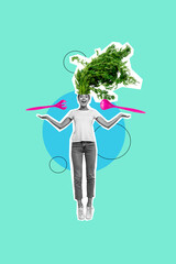 Vertical poster collage young cheerful woman healthy diet choose spoon fork decision levitate green grocery market store vegan nutrition