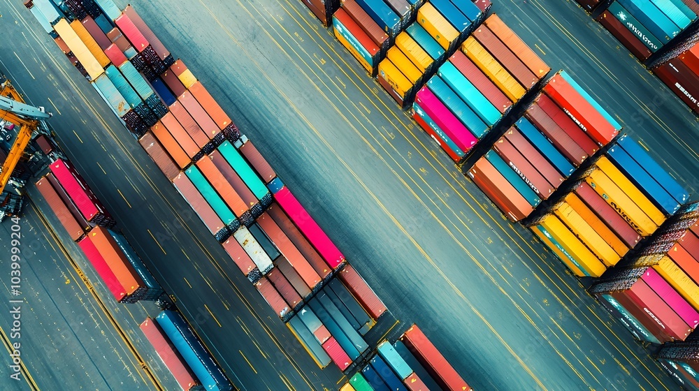 Poster aerial view of colorful stacked cargo containers at busy seaport terminal