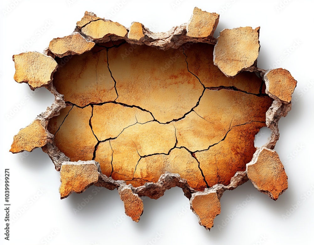 Poster on a transparent background is a broken concrete wall with a hole and a crack floor. design of a 3d 