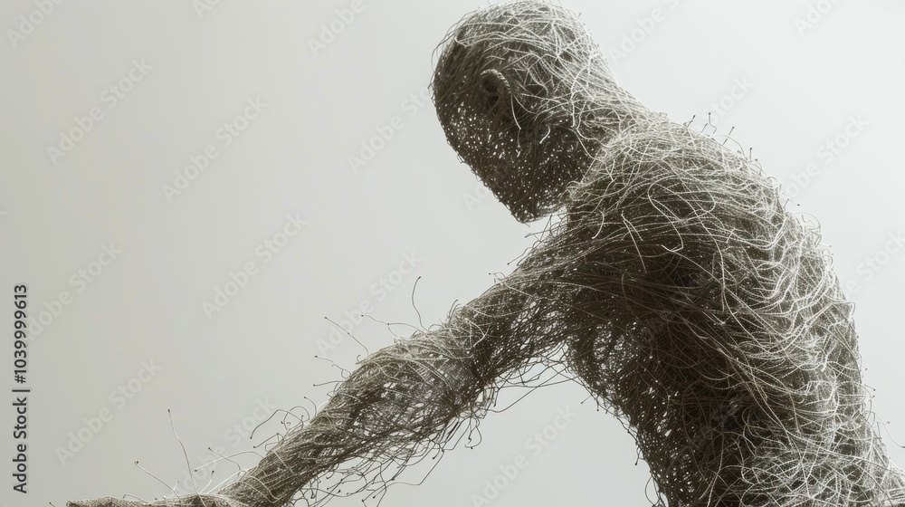 Poster a sculpture of a human figure made entirely of intricately woven threads representing the idea that 