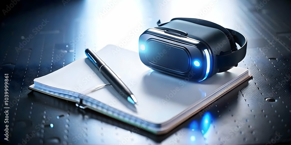 Poster vr headset on plain background with pen and notebook, office concept for blending traditional note t