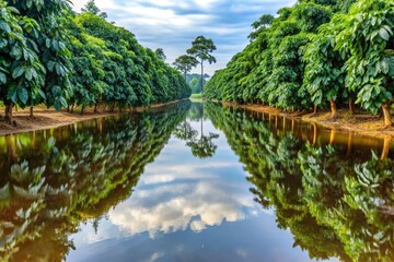 Fototapeta premium Coffee trees in a coffee garden with Arabica coffee tree species reflected in water
