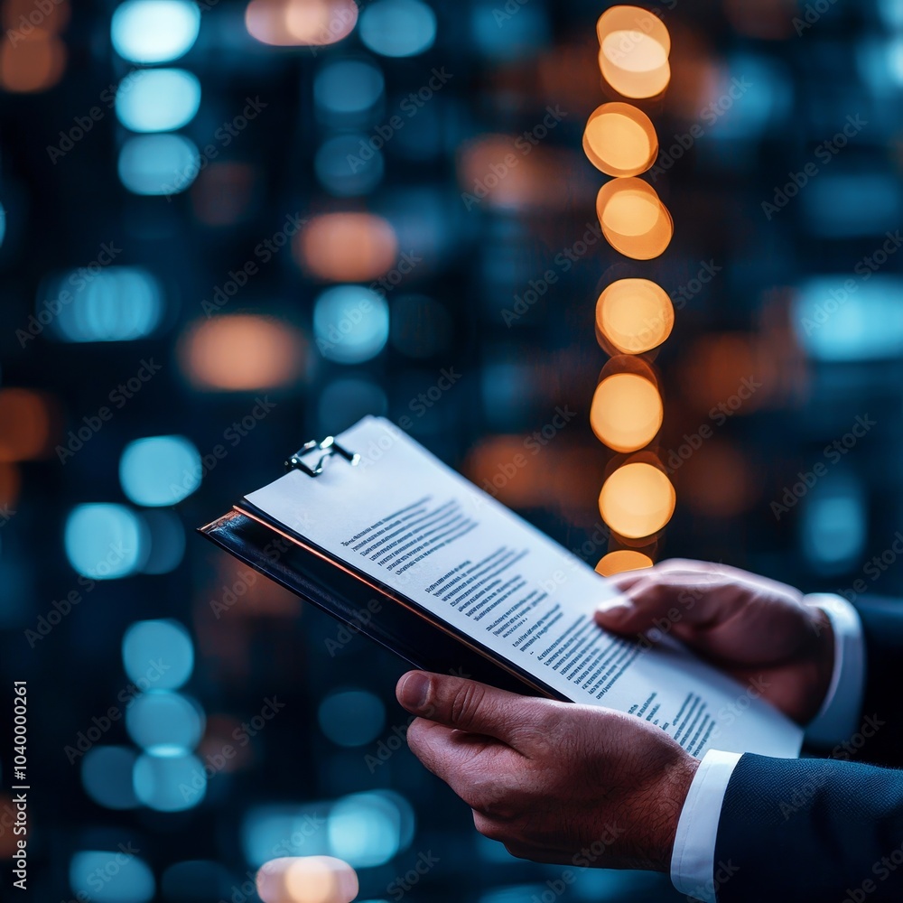 Poster a person holding a clipboard with a document, illuminated by colorful bokeh lights in the background