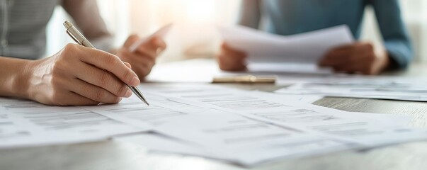 A pair of hands examines documents and plans on a table, showcasing a collaborative effort in an office or study setting.