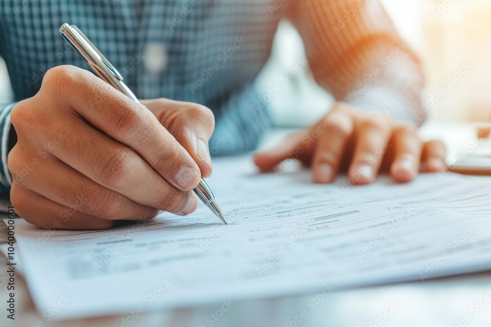 Poster a person is writing on a sheet of paper with a pen, focusing on the task with a blurred background, 