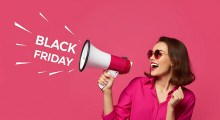 A woman enthusiastically announces Black Friday with a pink and white megaphone. The bold "Black Friday" text, highlighting the excitement of the sale event. Generative AI