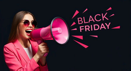 A woman enthusiastically announces Black Friday with a pink and white megaphone. The bold "Black Friday" text, highlighting the excitement of the sale event. Generative AI