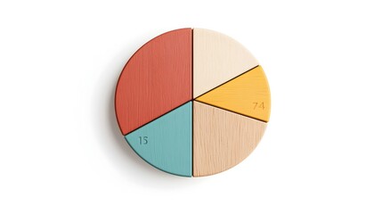 Wooden pie chart icon with clean and minimal design, representing business analytics and data